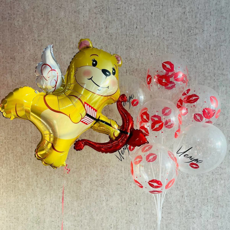 Воздушные шары на 14 февраля с фольгированной фигурой Купидон медвежонок, стандартный