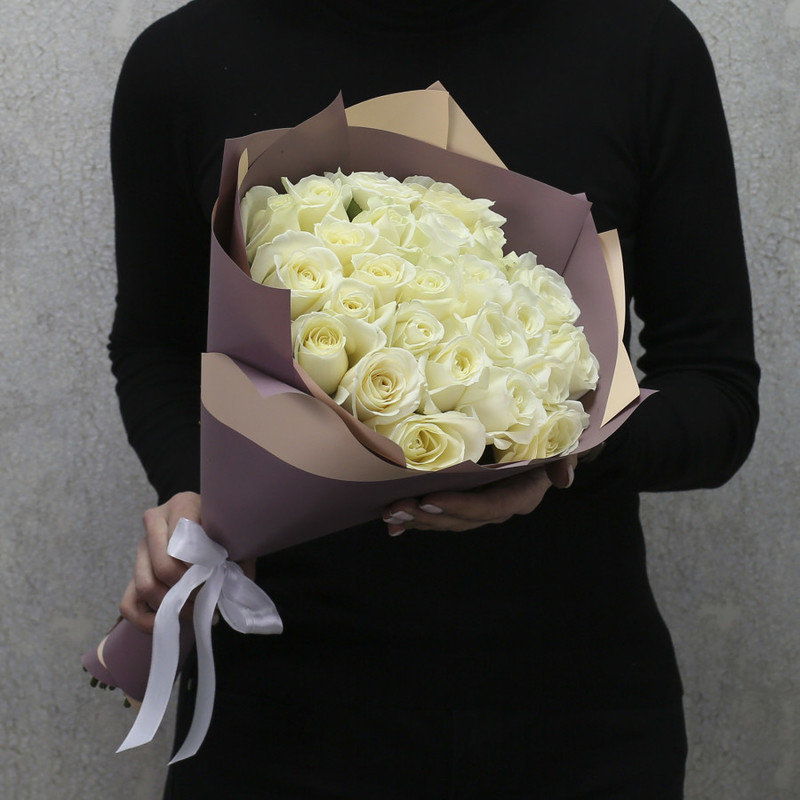 25 white roses "Avalanche" 40 cm in designer packaging, standart