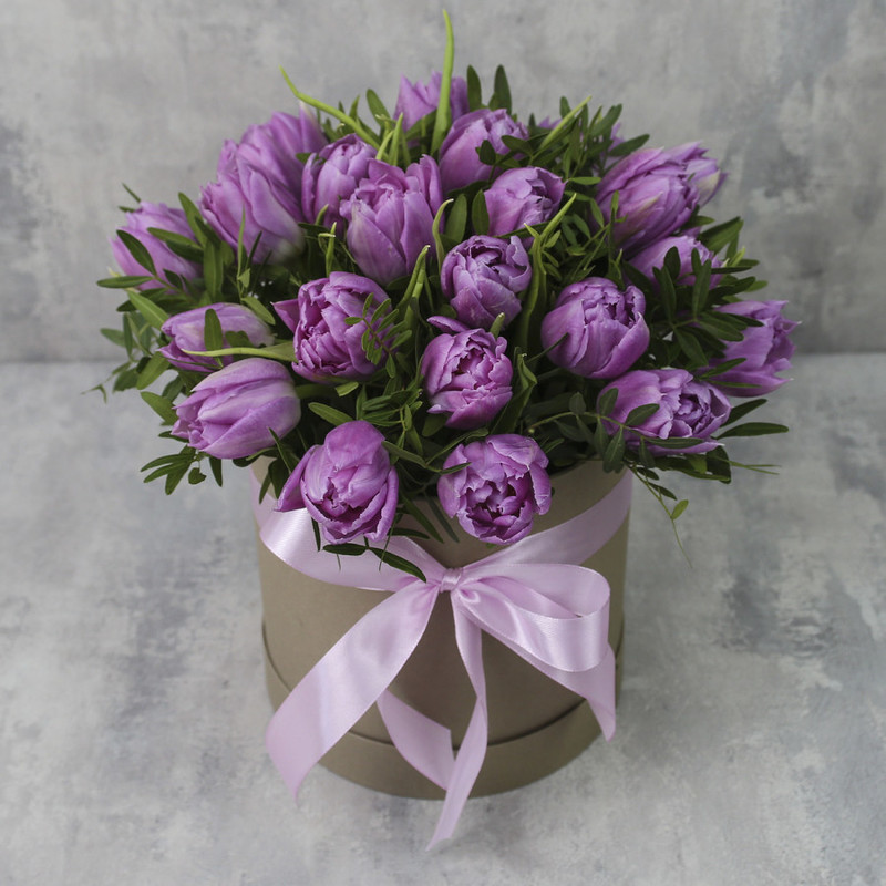 Box with peony tulips "25 lilac tulips Double Price with greenery", standart