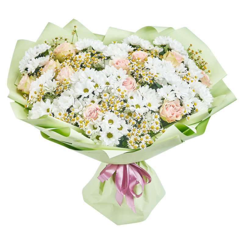 Bouquet of white chrysanthemums, delicate roses and tanacetum, standart