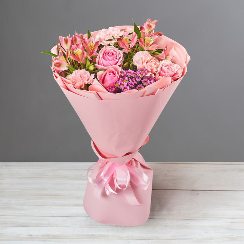 Bouquet of pink carnations, roses and alstroemerias, standart