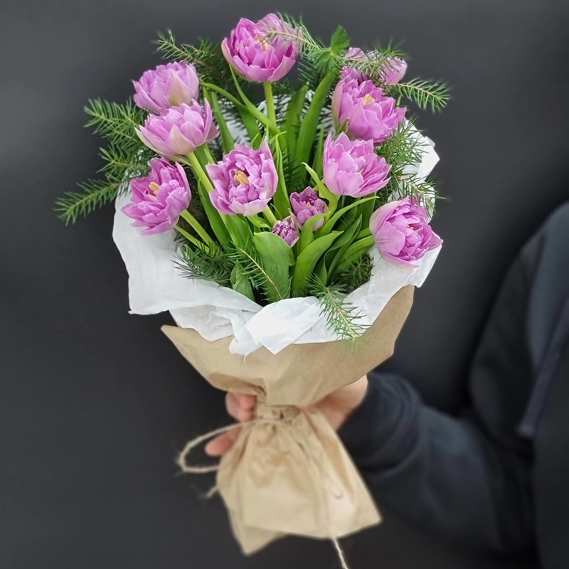 Purple peony tulips in craft, standart