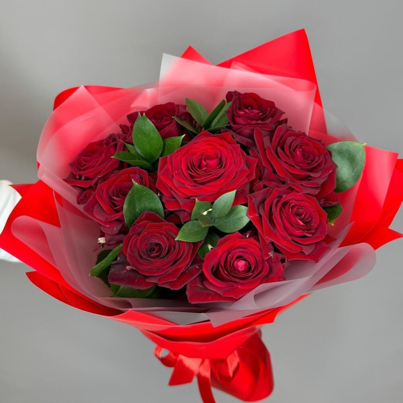Bouquet of 9 red roses with greenery decorated 50 cm, standart