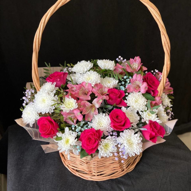 Basket with flowers of roses and chrysanthemums, standart