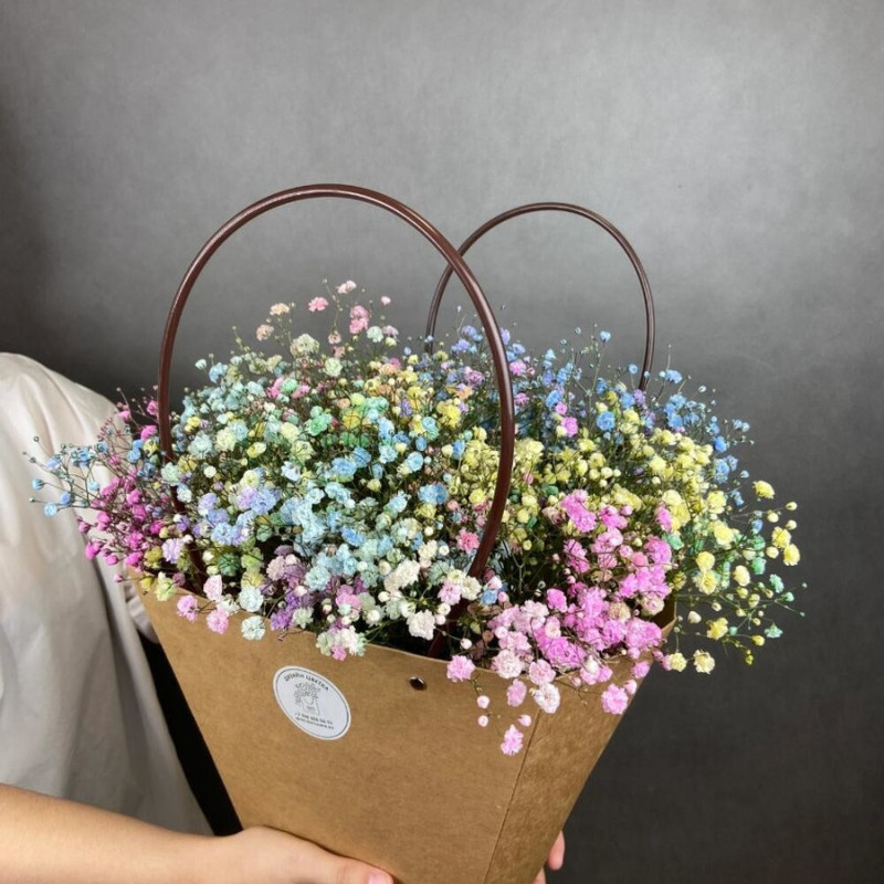 Composition in a craft bag (cone) with rainbow gypsophila, standart