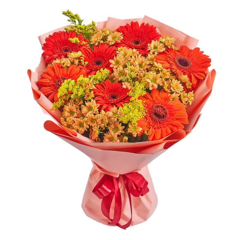 Bouquet of orange chrysanthemums, gerberas and solidago, standart
