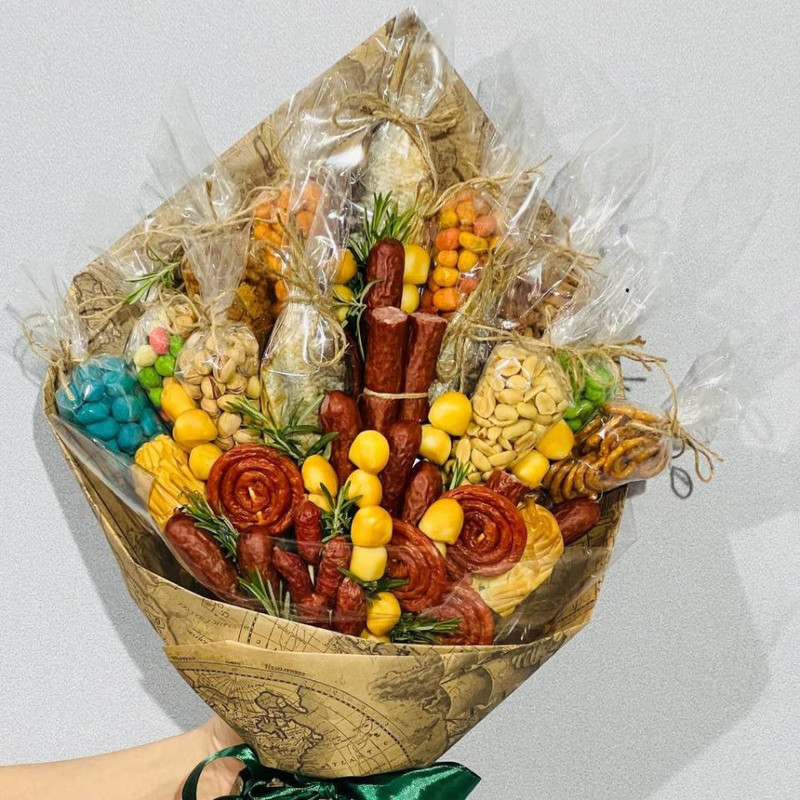Food bouquet of sausage fish and snacks, standart
