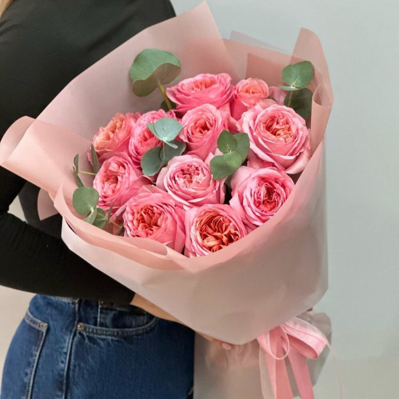 Красивый букет из пионовидной розовой розы Пинк Экспрешн 11 шт Арт. 094, стандартный
