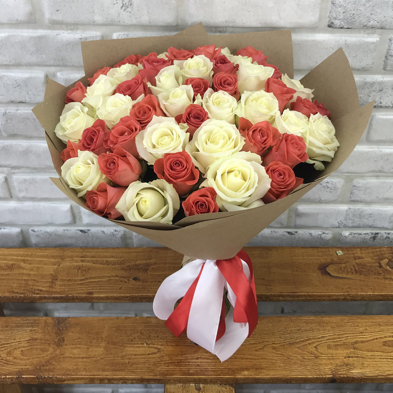 Bouquet of 51 roses "White and orange craft rose", standart