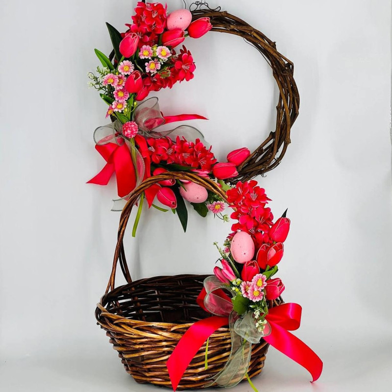 Easter composition 2 in 1 wreath and basket with artificial flowers, standart
