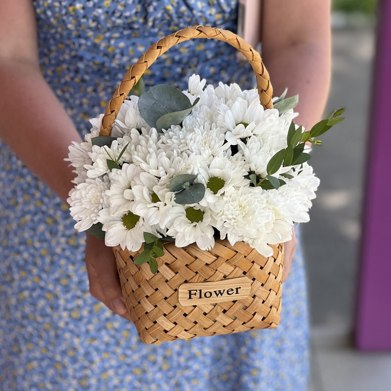 Basket with chrysanthemums and eucalyptus, standart