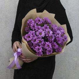 Букет цветов из 7 нежно-сиреневых кустовых хризантем в крафте "Мишель"