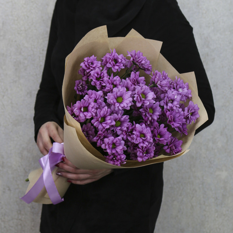 Bouquet of flowers from 7 pale lilac spray chrysanthemums in craft "Michelle", standart