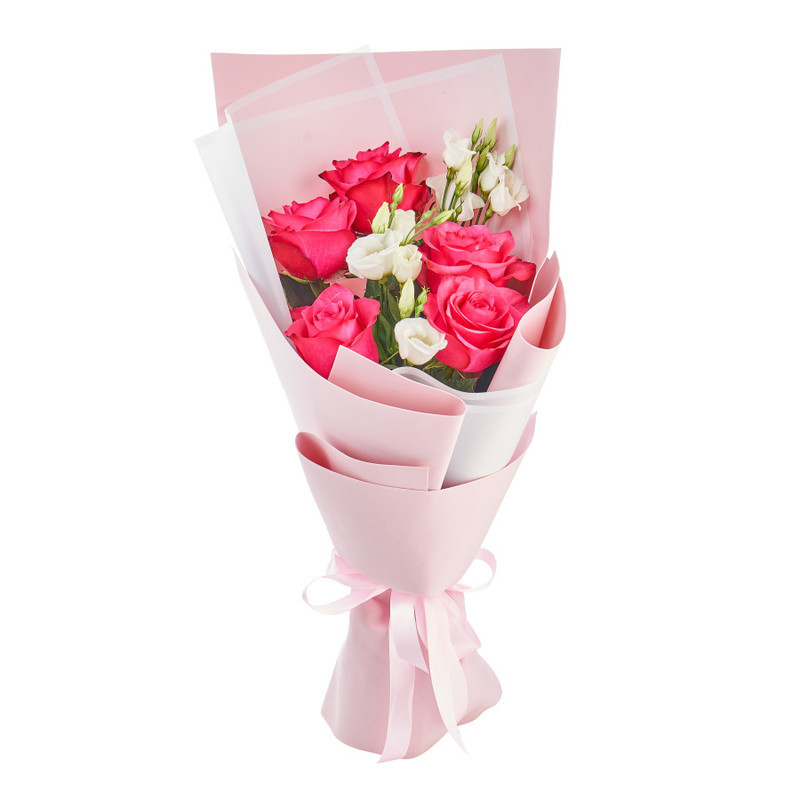 Bouquet of white eustomas and bright roses, standart