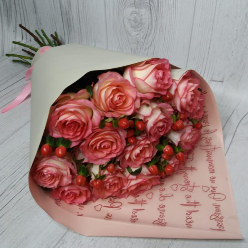 Bouquet of 15 pink roses, standart