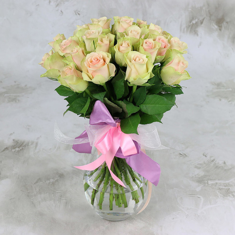 Bouquet of 25 green-pink roses with 40 cm ribbon, premium