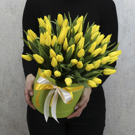 51 yellow tulips in a box