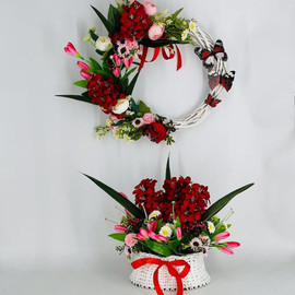 Gift set 2 in 1 for Easter designer wreath and bouquet of artificial flowers