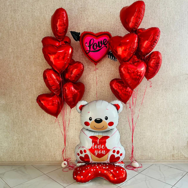 Large floor balloon bear with hearts for February 14, standart