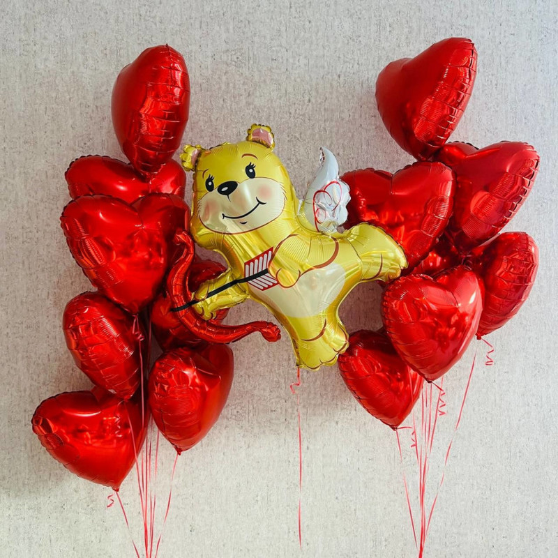 Воздушный шар медвежонок купидон и красные сердца на 14 февраля, стандартный