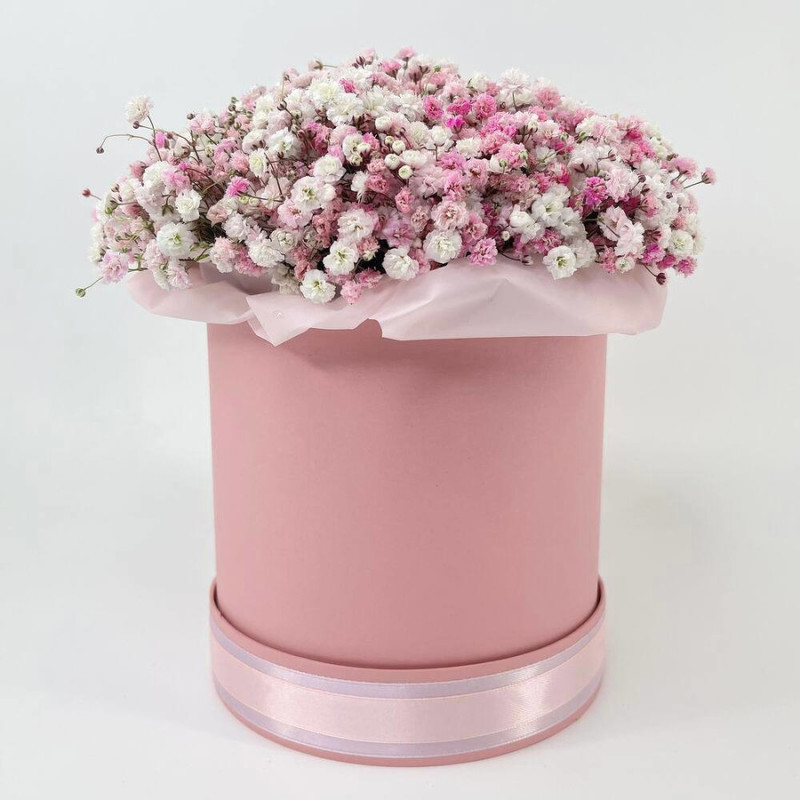 Живые свежие цветы в шляпной коробке. Композиция из свежей розовой гипсофилы, стандартный