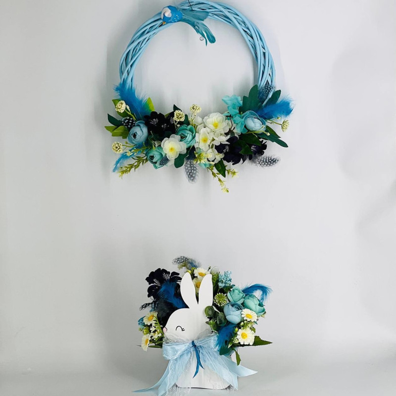 Easter wreath and bouquet of artificial flowers, standart