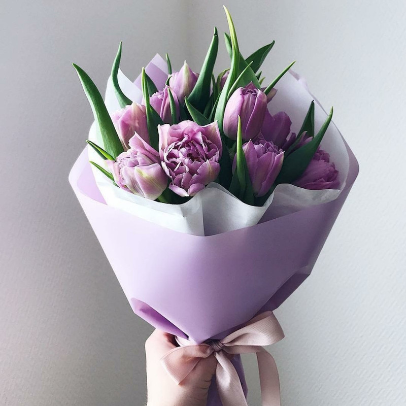 Bouquet compliment of lilac peony tulips, standart