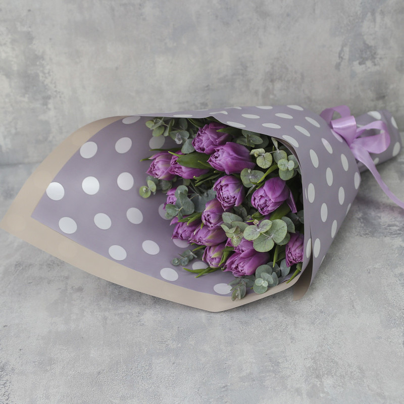 Bouquet of 15 tulips "Lilac peony tulips Double Price with eucalyptus", standart