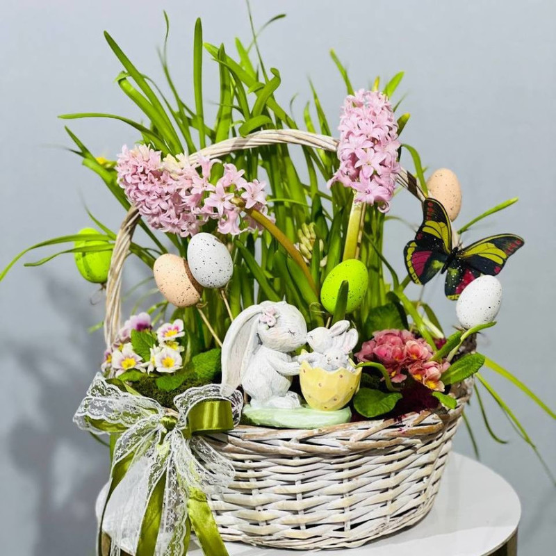 A gift for Easter, a basket with primroses, a mini garden, standart