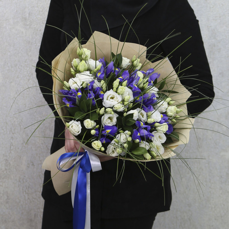 Bouquet of white eustomas and blue irises "Lucien", standart