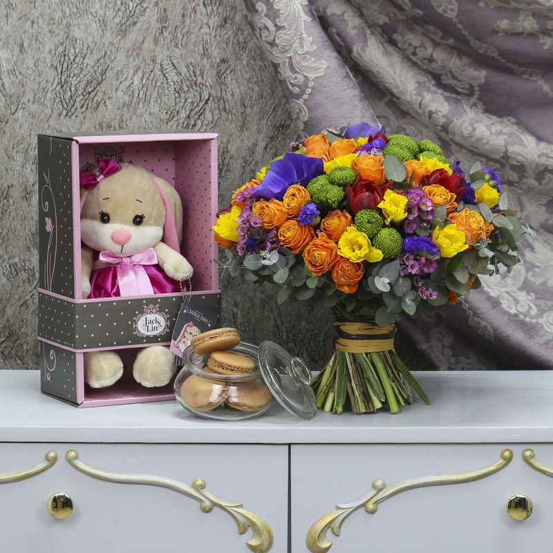 Combo set: Bouquet "Sunrise", Bunny in a box, Macarons, standart
