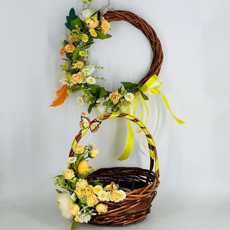 Easter gift set wreath and basket with artificial flowers, standart