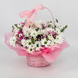 Pink basket with daisies and gypsophila
