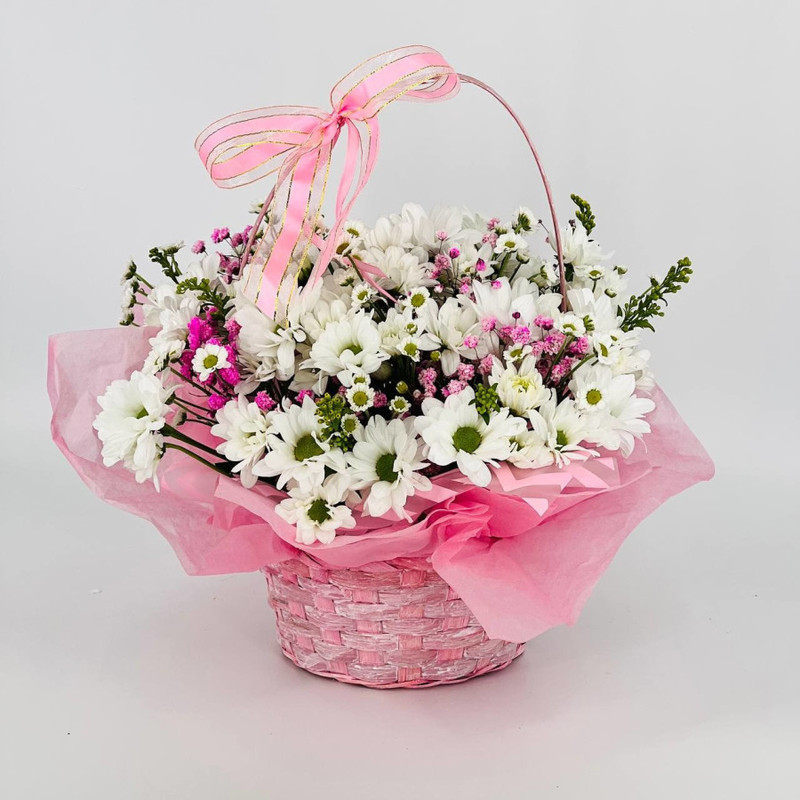 Pink basket with daisies and gypsophila, standart