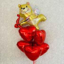 Набор фольгированных сердец с мишкой Купидоном на 14 февраля