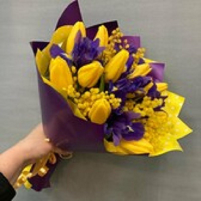 Bouquet of tulips, irises and mimosa, standart