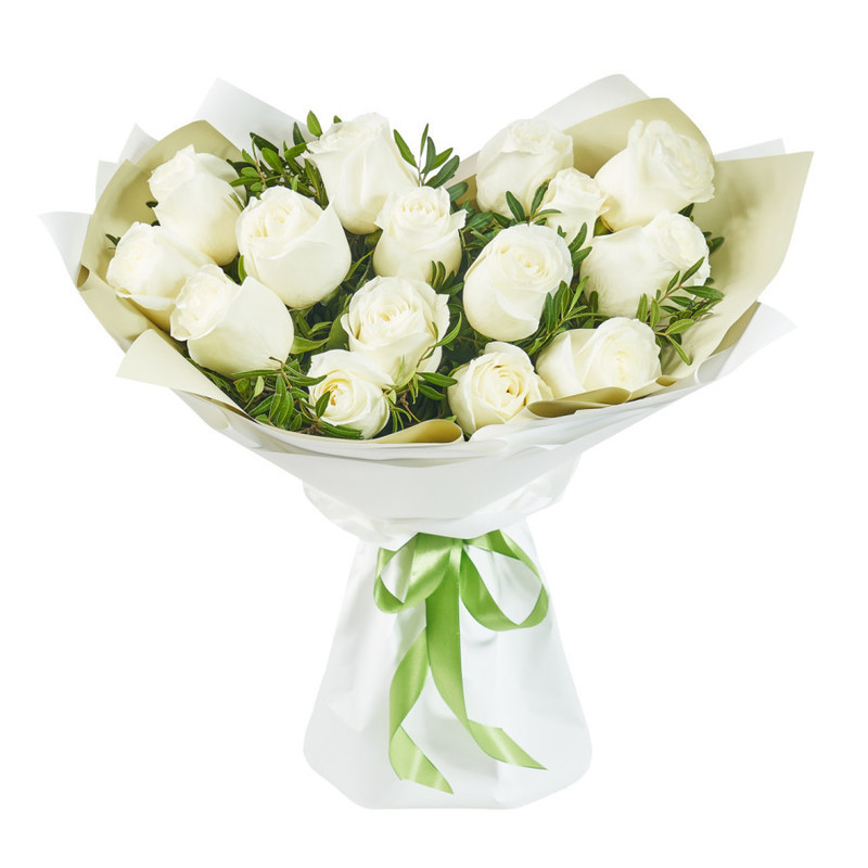 Bouquet of 15 white roses with pistakia, standart