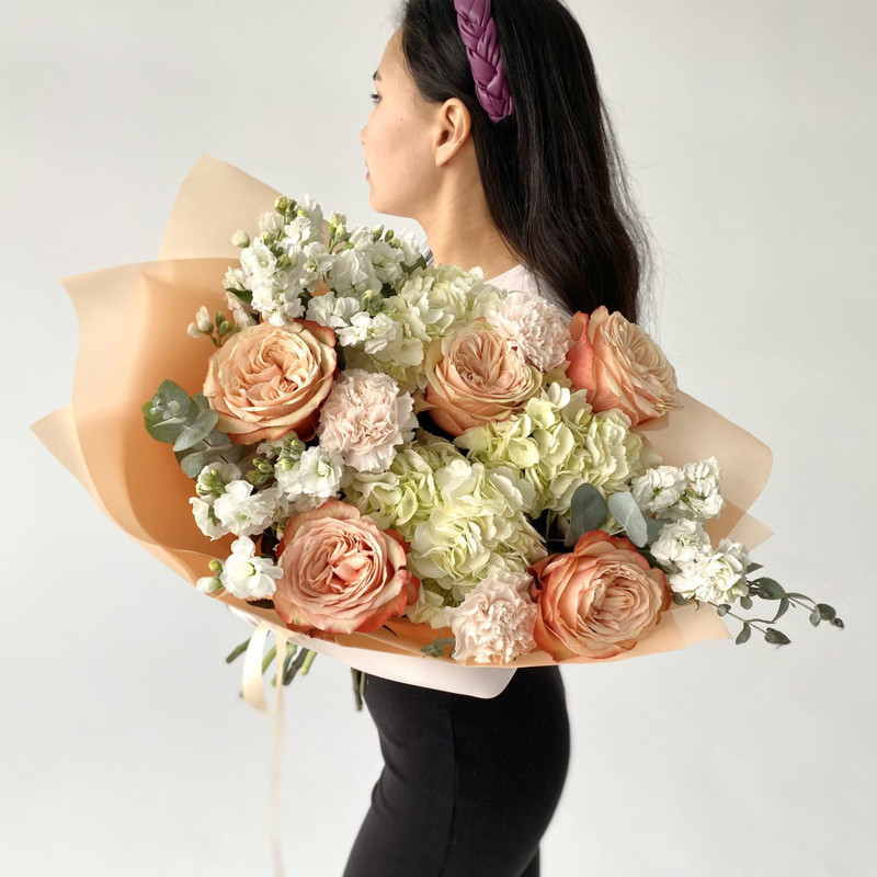 Designer bouquet with peony roses “Latte with coconut syrup”, standart