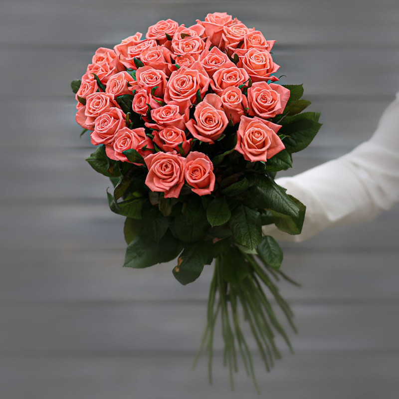 Bouquet of coral roses (Russia) with 60 cm ribbon, mini