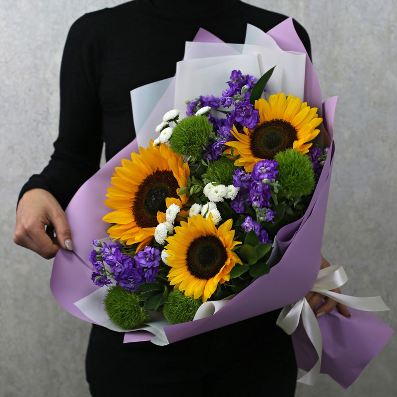 Bouquet of sunflowers, mattiola, carnations and chrysanthemums "Sunny Glade", standart