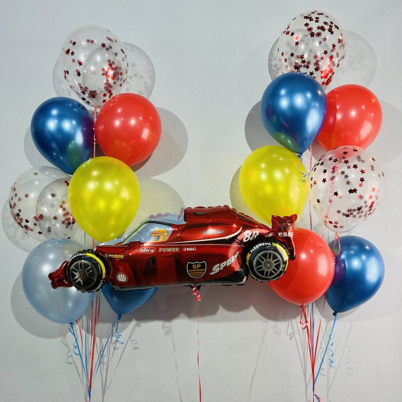 Bright balloons with a racing car, standart