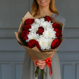 Kraft red roses with white spray chrysanthemums