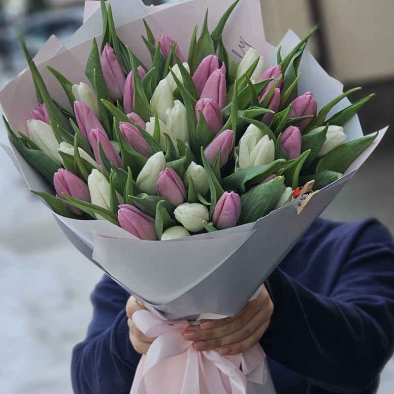 Bouquet of 51 tulips in designer packaging, standart