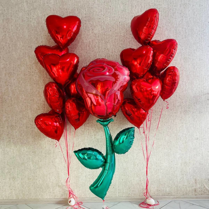Large composition of balloons for February 14, giant rose balloon with hearts, standart