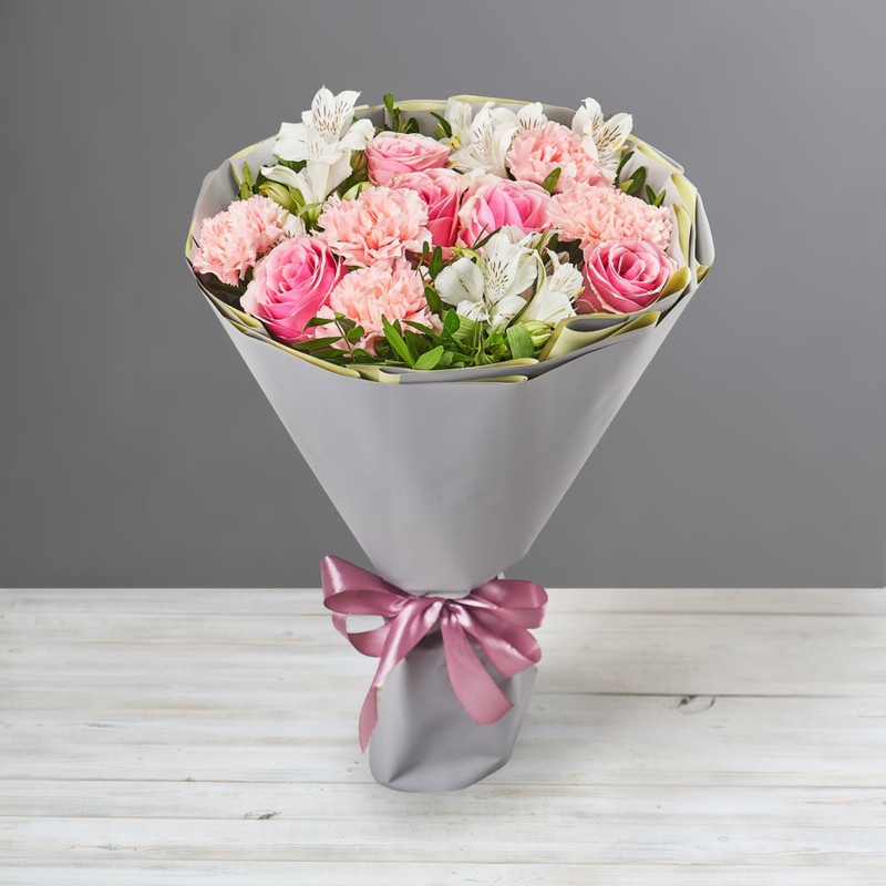 Bouquet of pink dianthus, roses and white alstroemerias, standart