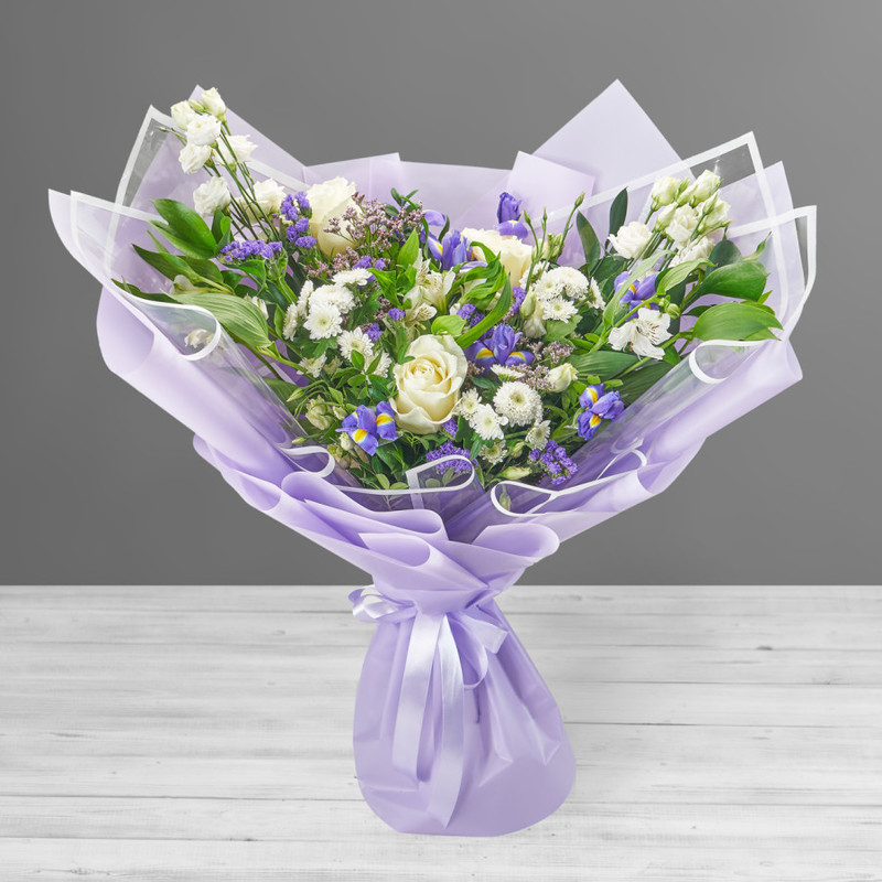 Lilac bouquet of irises, roses and eustoma, standart
