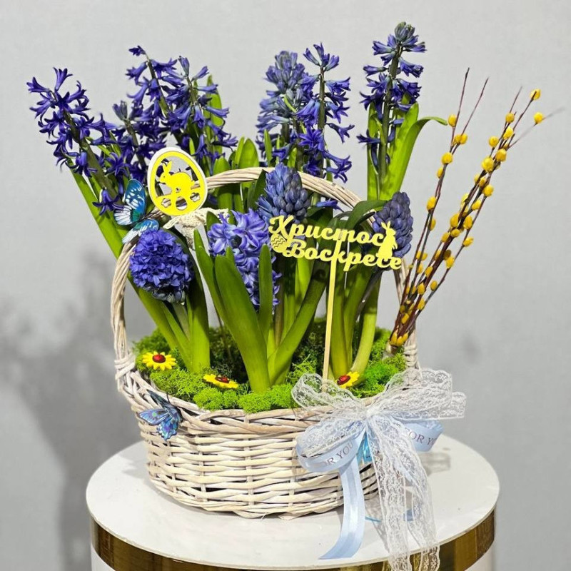 Easter gift basket with hyacinths and painted willow, standart