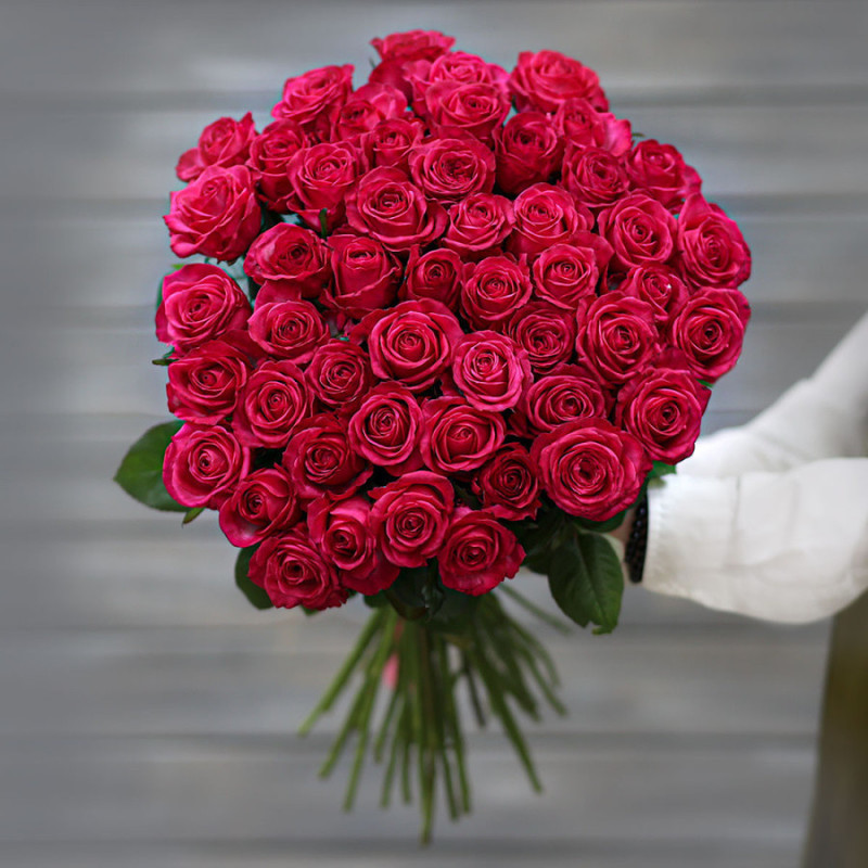 Bouquet of 51 crimson roses (Russia) with 60 cm ribbon, standart