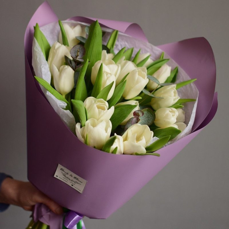 Spring mono-bouquet of tulips with eucalyptus, standart