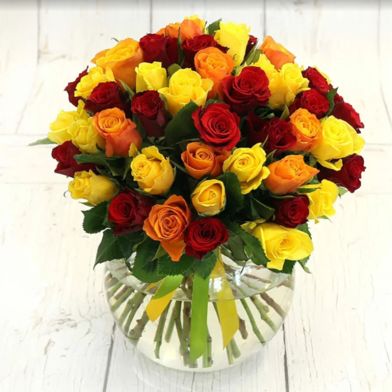 Bouquet of 51 red, yellow and orange roses 40 cm, standart